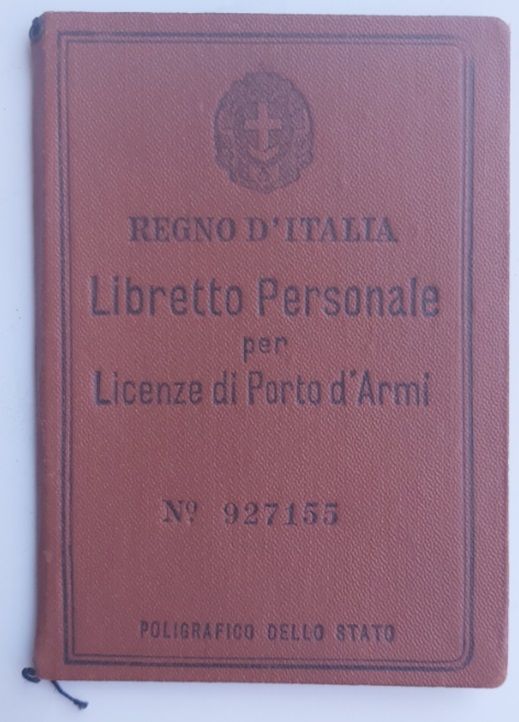 Tessera Regno d'Italia Libretto Personale Licenze Porto d'Armi 1942-XX