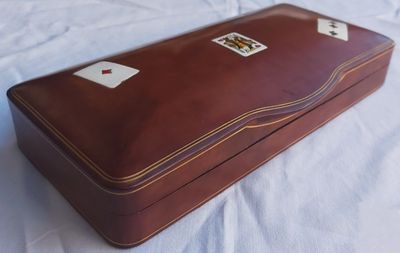 Cofanetto Cuoio Fiorentino Porta Carte 3 Mazzi Gioco Poker Genuine Leather Fili Oro Vintage