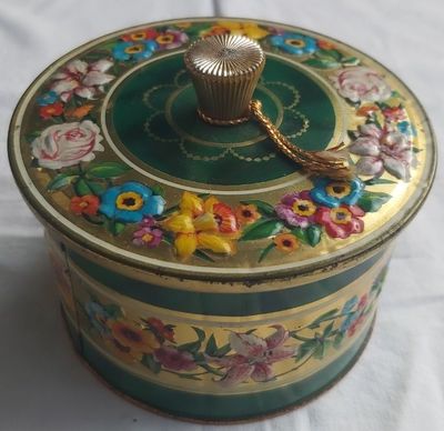 Scatola Latta Cilindrica Tin Box Vintage con Pomello Plastica Dorato Fiori