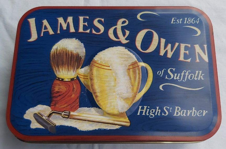 Scatola Latta Tin Box Boite en Etain James & Owen of Suffolk High St. Barber Est. 1864