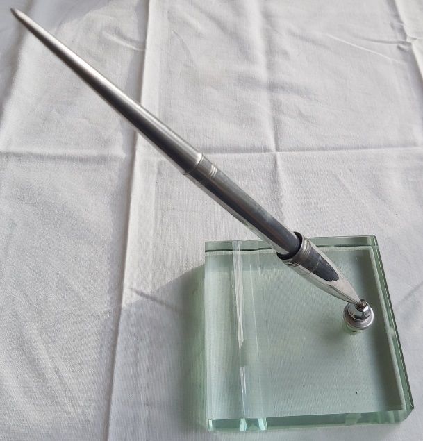 Portapenna Scrivania Cristallo Vetro Stiloforo Metallo Pennino Stilografica in Oro Vintage