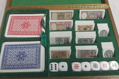 Scatola Set Gioco Vintage Legno Carte Poker Ramino Fiches Cartamoneta Lire
