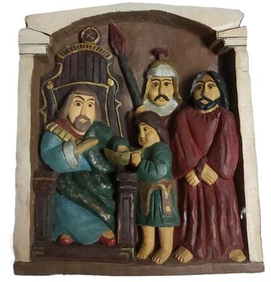 Bassorilievo Quadro Religioso Legno Gesù Davanti a Pilato A. Wydra "Jezus Pred. Pilatem"