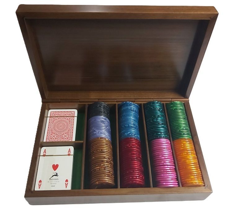 Scatola Gioco 192 Fiches e Carte Legno Noce Cerniera Legno Incorporata