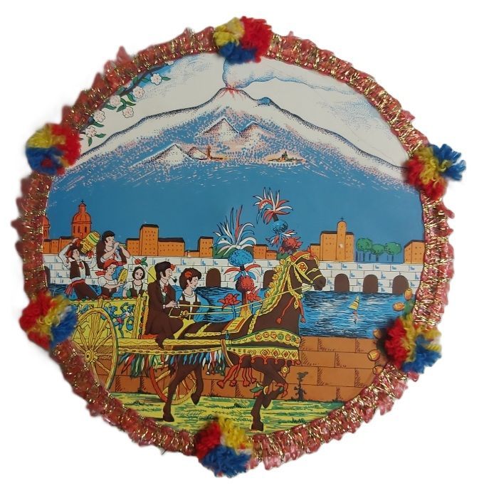 Tamburello Tradizionale Siciliano Decorato Vulcano Etna Carretto