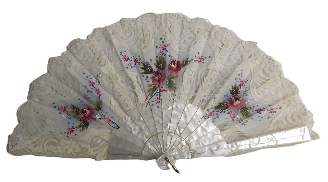 Ventaglio Spagnolo Vintage Effetto Madreperla Fondo Bianco 3 Gruppi Fiori