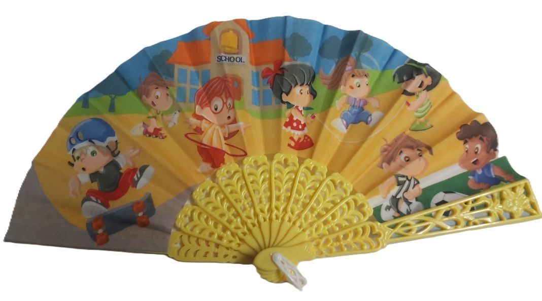 Ventaglio Mini Bambini Plastica Gialla Stoffa Disegno Scuola Bimbi Giocano