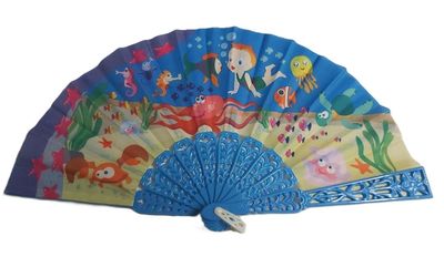 Ventaglio Mini Bambini Plastica Blu Stoffa Disegno Mondo Sottomarino