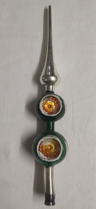 Puntale Vetro Soffiato Tree Topper Albero Natale Doppia Sfera Verde Vintage