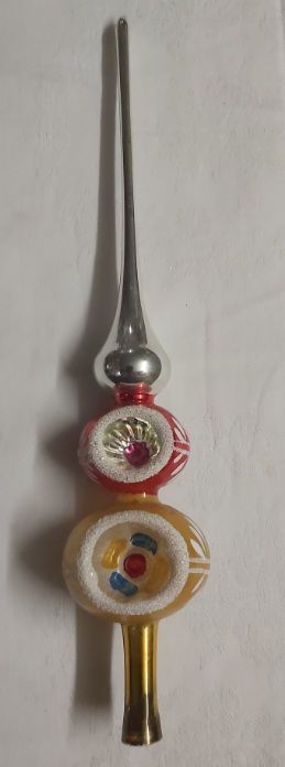 Puntale Vetro Soffiato Tree Topper Albero Natale Doppia Sfera Giallo Rosso Vintage