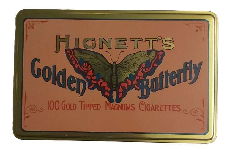 Tobacciana Scatola VUOTA Metallo Tin Box Hignett's Golden Butterfly Gold Tipped Magnums Cigarettes