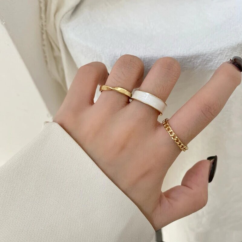 3pcs/Set White Enamel Round Metal Ring Sets Geometric Twist Open Adjustable Rings Sets For Women Girl Wedding Jewelry