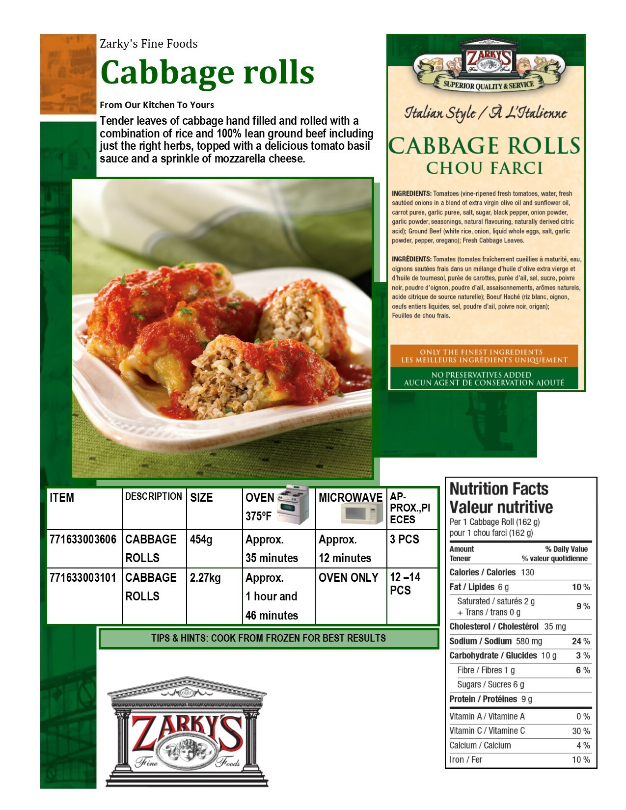 Zarky’s Famous Prepared Foods ITALIAN STYLE CABBAGE ROLLS Store