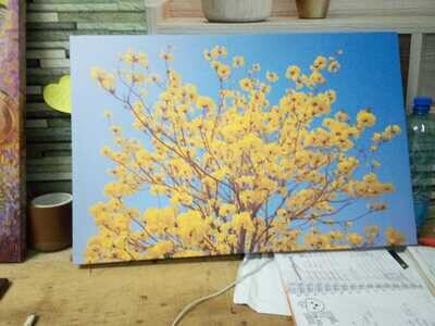 blue + mustard yellow flower canvas painting 40 x60cm