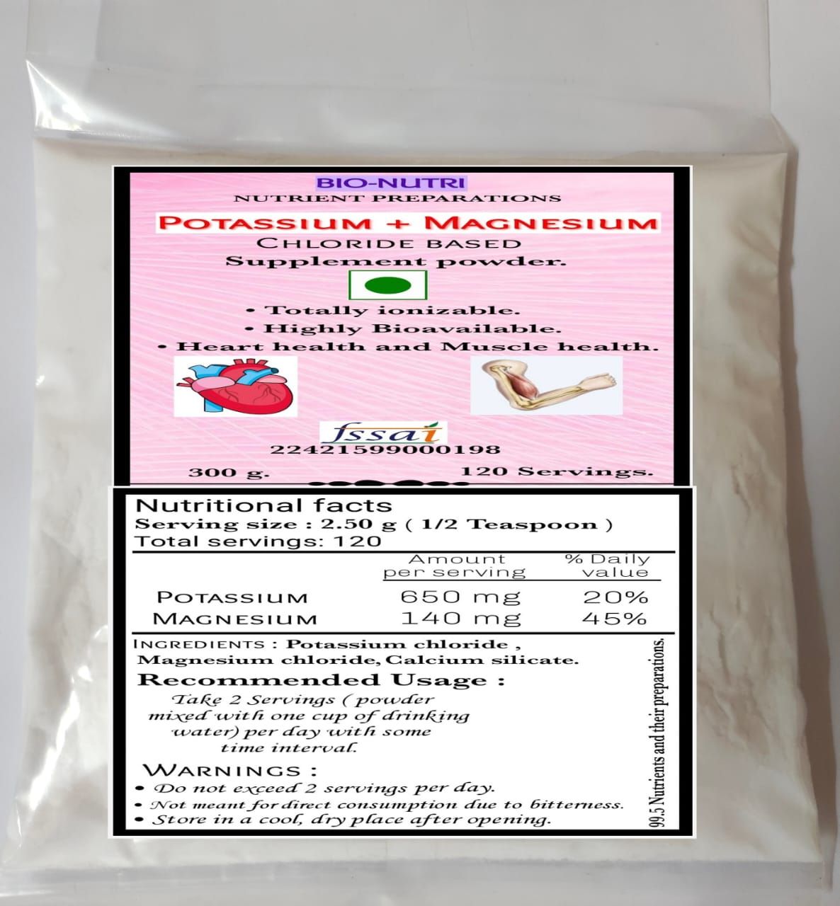 BIO-NUTRI POTASSIUM + MAGNESIUM - chloride based supplement powder - 120 Servings - 300 g - Heart and Muscle health (2.50 g measuring scoop provided).