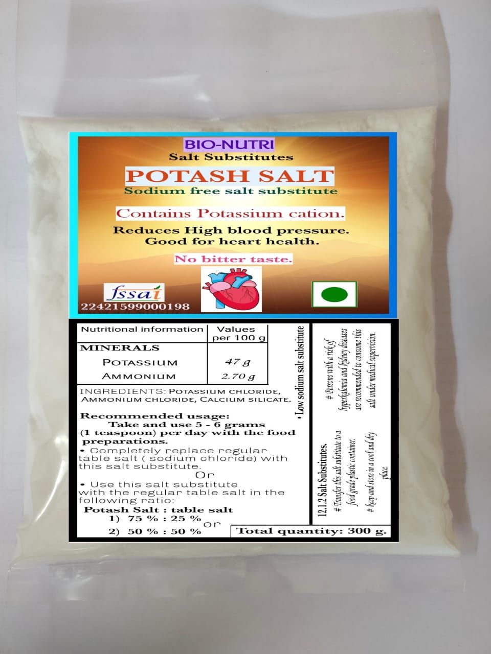 BIO-NUTRI POTASH SALT - Sodium free salt substitute - Potassium cation - 300 g - No bitter taste - Heart health.