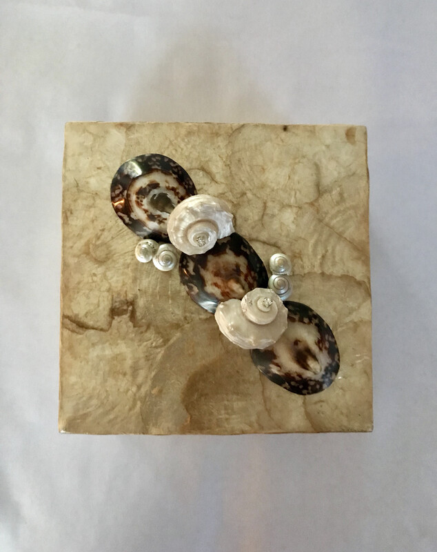 #133 Gold Capiz Box  6”x6” with Brown Limpet Shells and Various Embellishments