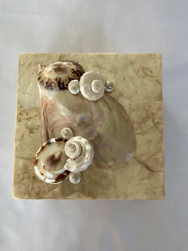 #132 Gold Capiz Box 6”x6” with Black Lip and Various Shell Embellishments