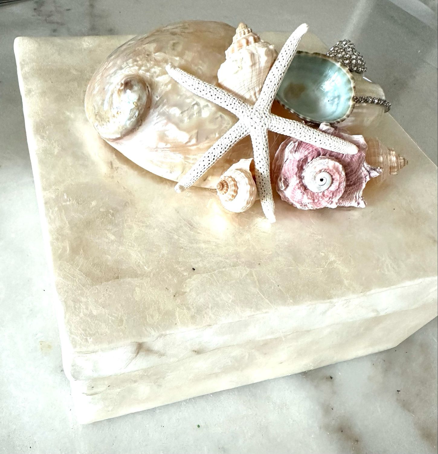 #130 Crème Capiz Box 6"x6" with Abalone Shell, Starfish, and various gorgeous miniature shells. Lightly embellished.