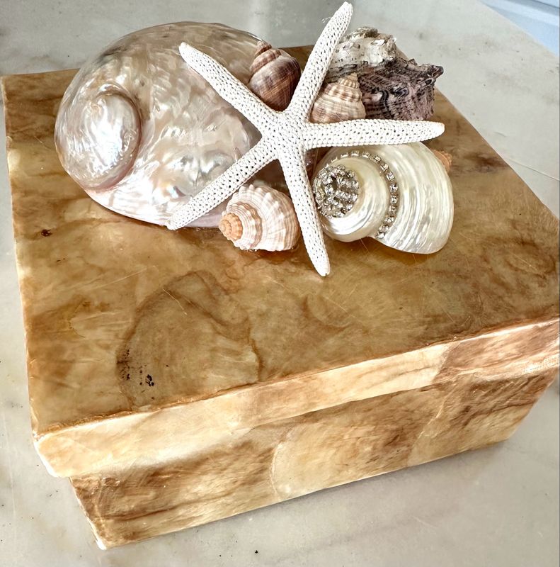 #132 Gold Capiz Box 6”x6” with Abalone Shell, Starfish, and various gorgeous miniature shells. Lightly Embellished.
