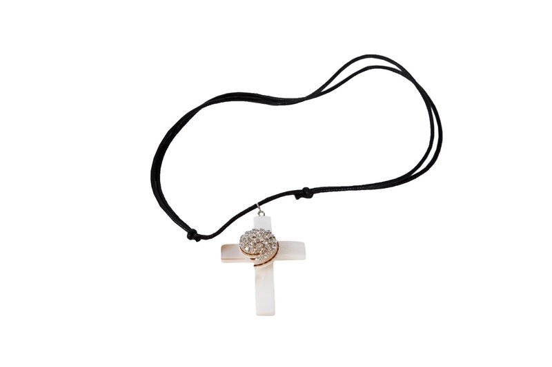 #102 Mother of Pearl Cross Necklace with Crystal Embellished Sundial Shell