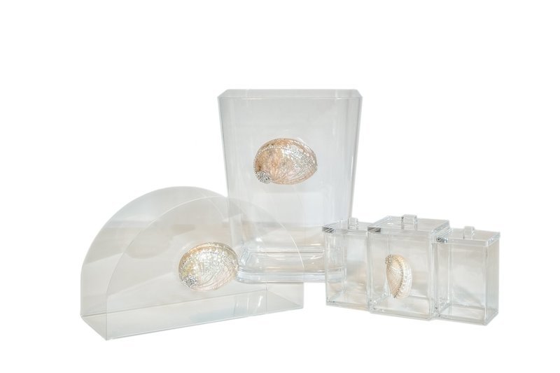 #106 Clear Acrylic Wastebasket/Ice Bucket with Crystal Embellished Abalone Shell 8&quot;Lx&quot;8Wx10&quot;H