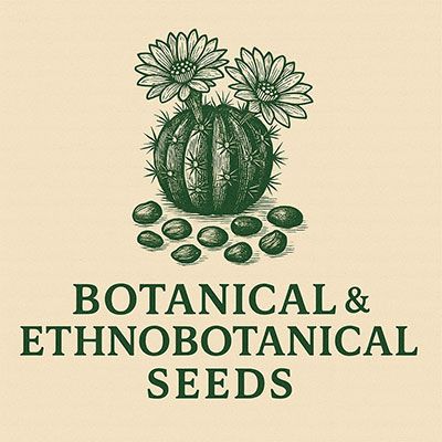 Botanical and ethnobotanical seeds label with cactus illustration and assorted psychoactive plant seeds on vintage-style