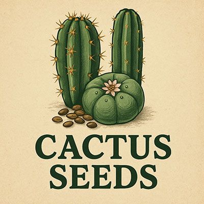 Peyote and San Pedro cacti with seeds on vintage beige background, labeled 'Cactus Seeds' – ideal for mescaline growers