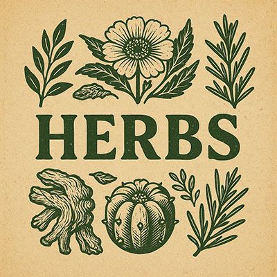 Vintage herbs label with leaves, flowers, cactus, roots, and bark for botanical and ethnobotanical webshop category