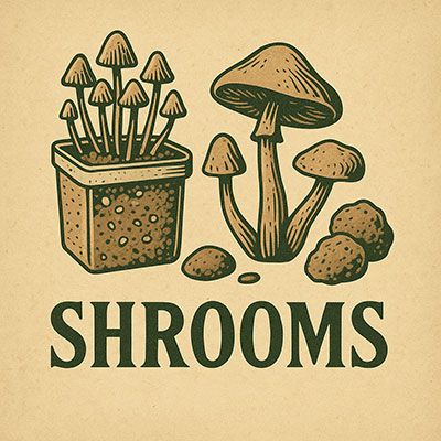 Vintage mushroom grow kit label with magic mushrooms, truffles, and bold 'SHROOMS' text on parchment background