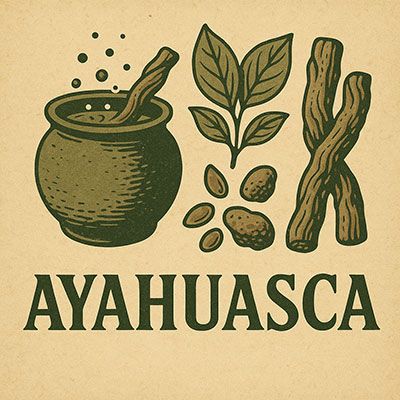Ayahuasca category label with caapi vine, psychotria leaves, seeds, and brew pot on vintage parchment background