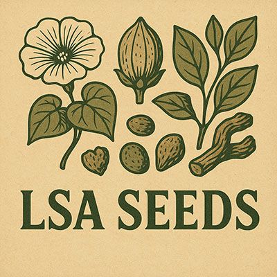LSA seeds label with morning glory, Hawaiian baby woodrose, rivea corymbosa and sacred plant seeds on vintage background.