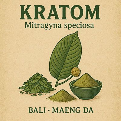 Kratom category image with Mitragyna speciosa leaf, Bali and Maeng Da powder, cut leaves, and a green bowl on a vintage beige