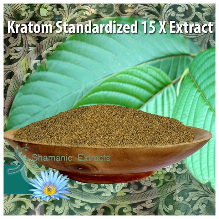 Kratom Standardized 15X Extract – fine powder made from Mitragyna speciosa, sealed for freshness and quality