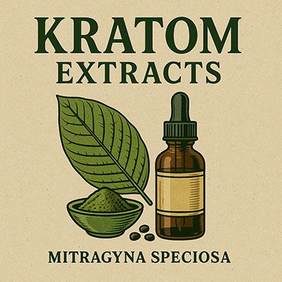 Kratom extract category label with Mitragyna speciosa leaf, dropper bottle, powder bowl, and Bali, Borneo, Thai strains