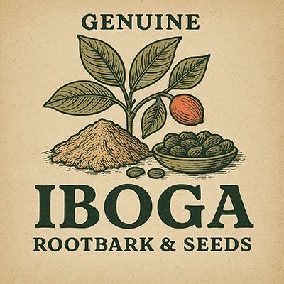 Iboga rootbark and seeds label with Mitragyna fruit, powder, and leaf — authentic ethnobotanical plant