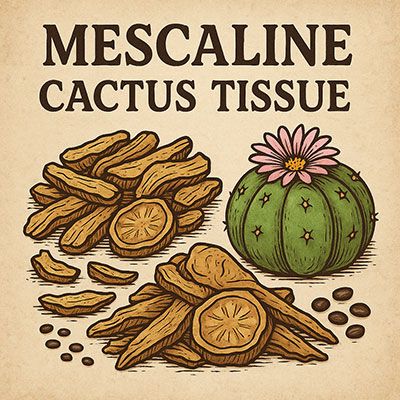 Mescaline cactus tissue label with dried peyote slices, cactus buttons, seeds, and pink flower on beige background
