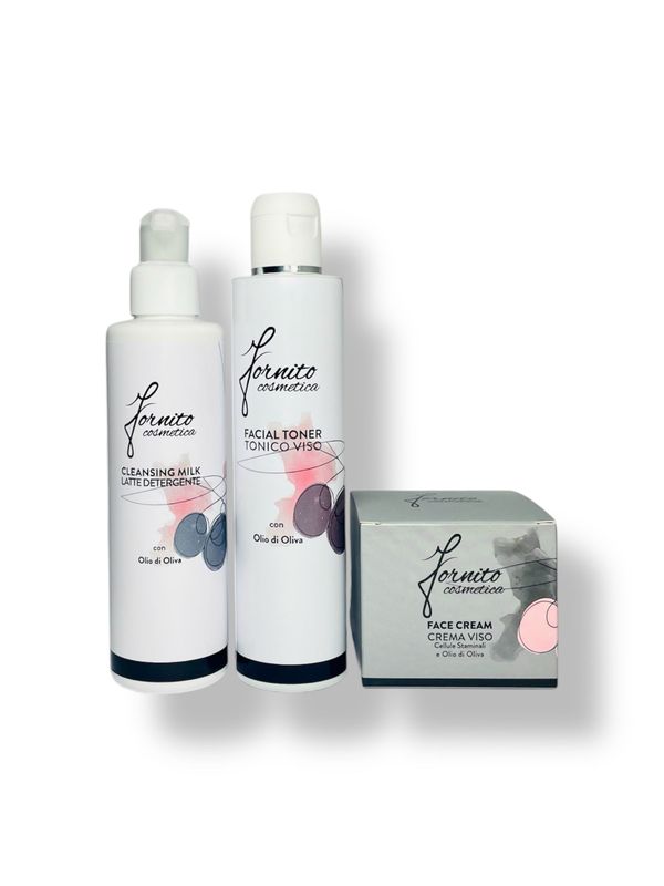 Face cream with olive oil and grape vegetable stem cells, Cleansing Milk and Facial toner
