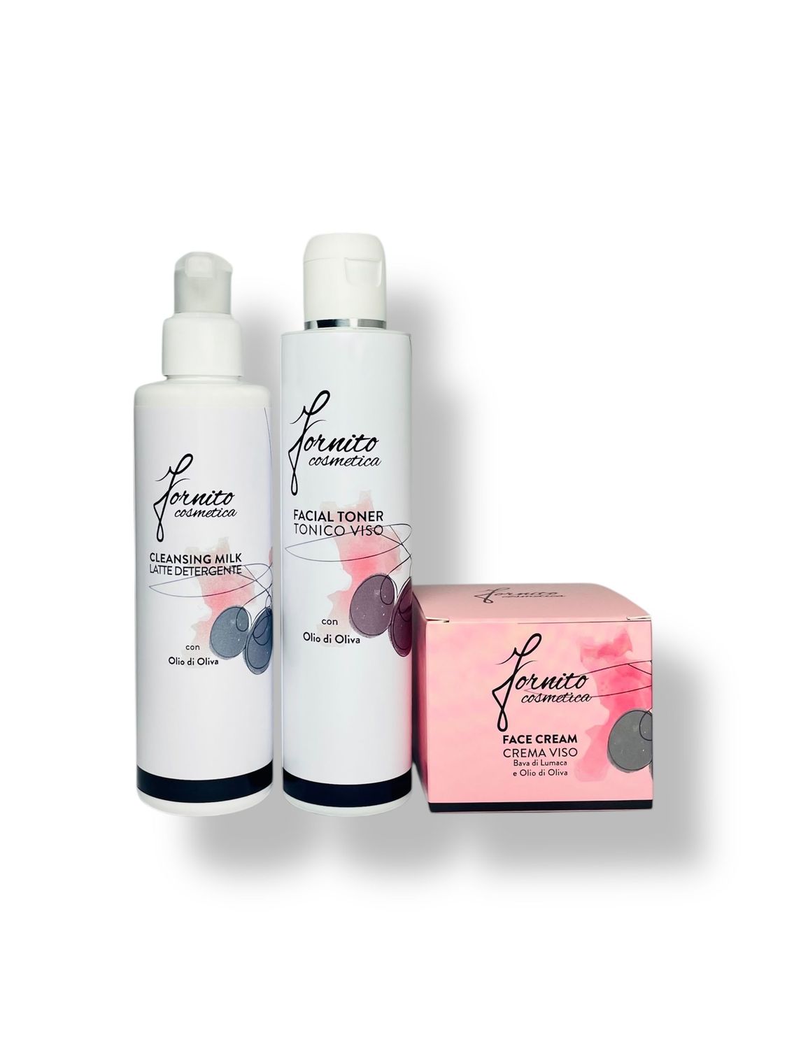 Crema viso con olio di oliva e bava di lumaca, latte detergente e tonico
