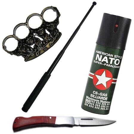 Kit autoaparare baston telescopic din otel, 64 cm, 4 sectiuni si pumnal, rozeta, box cap de mort, craniu, spray paralizant iritant nato, cutit briceag