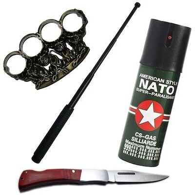 Kit autoaparare baston telescopic din otel, 64 cm, 4 sectiuni si pumnal, rozeta, box cap de mort, craniu, spray paralizant iritant nato, cutit briceag