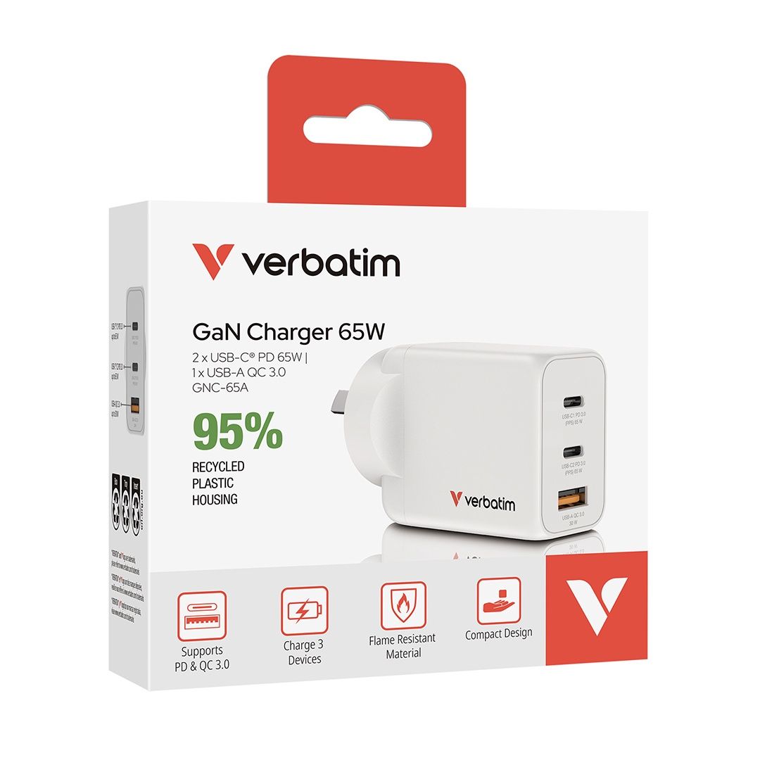 Verbatim 65W GaN Charger (2x USB-C + 1x USB-A)