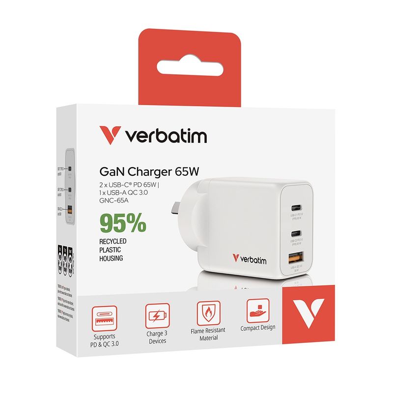 Verbatim 65W GaN Charger (2x USB-C + 1x USB-A)