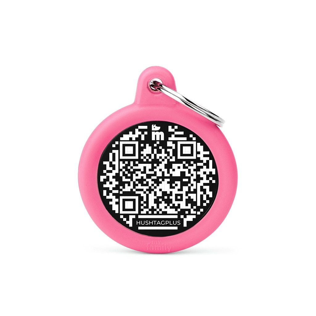 MyFamily HushTag Plus - QR Code Black Circle with Rubber (Various Colours), Colour: Pink