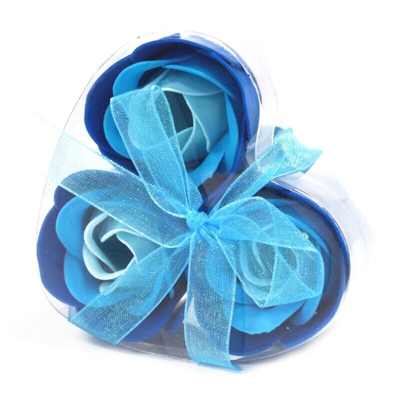 3 roses de savon boîte coeur - bleues
