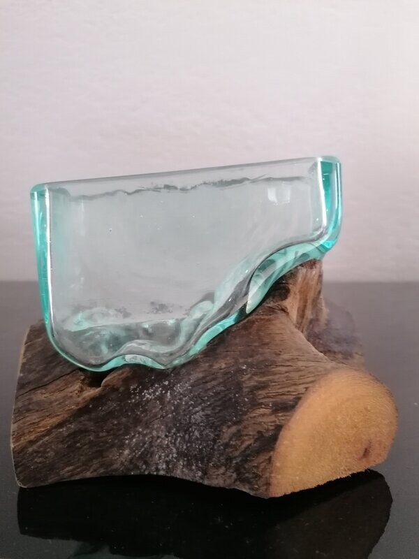 Verre soufflé sur bois - bol rectangulaire bleu vide