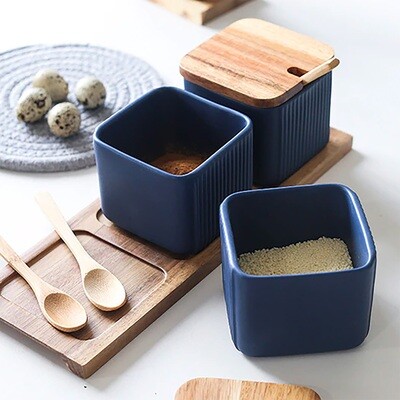 Ceramic Square Spice Jar Set with Wooden Lids, Trays and Matching Spoons