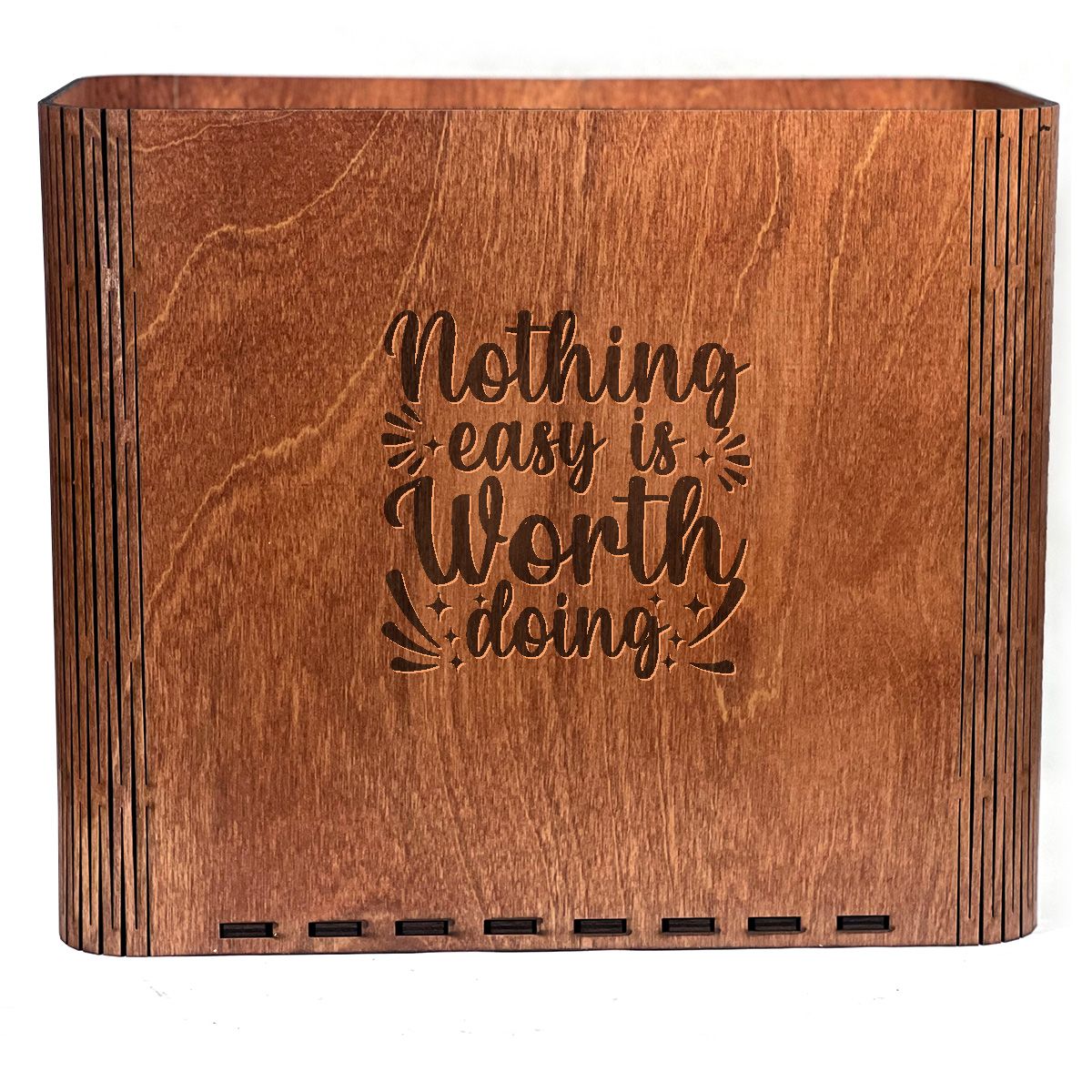 Slim Trash Can with Engraved &quot;Nothing Easy is Worth Doing&quot;
