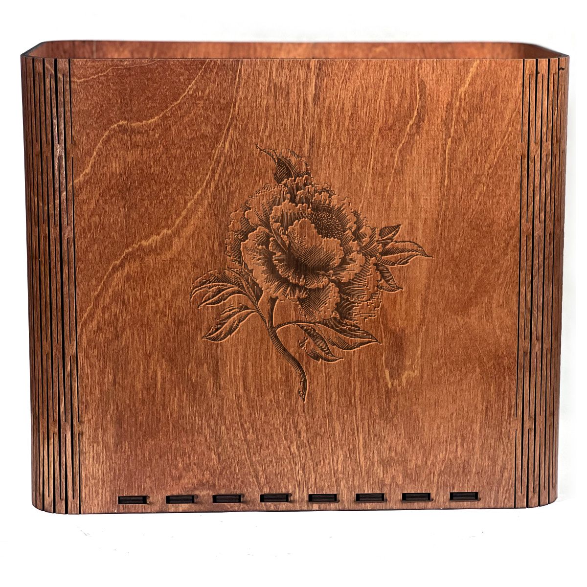 Slim Trash Can with Engraved Peony Flower