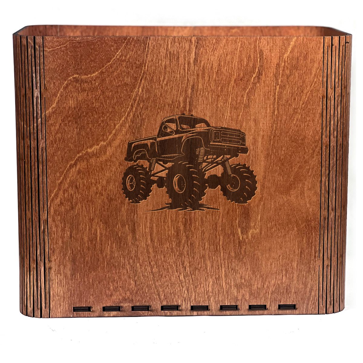 Slim Trash Can with Engraved Monster Truck